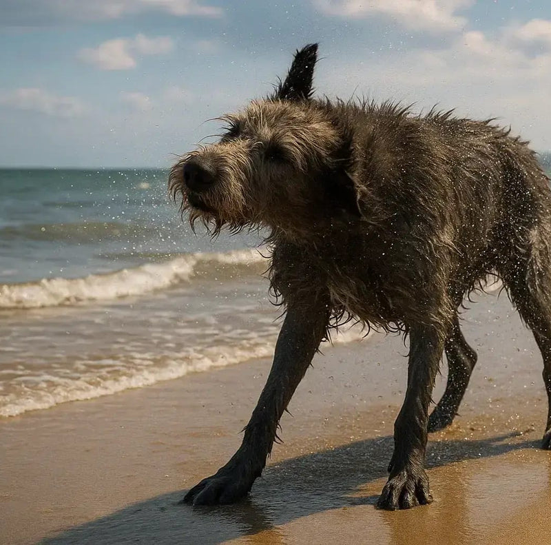 Wolfhound shaking himself dry on the beach shore